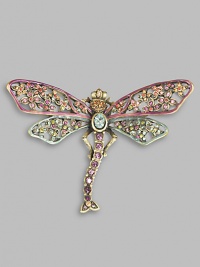 An absolutely stunning heirloom piece that flutters about the lapel or sweater, beautifully handcrafted in brass ox-plated pewter with Swarovski crystal embellishment. Swarovski crystals Brass ox-plated pewter 3¾ X 2¾ Pin backing Made in USA