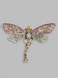An absolutely stunning heirloom piece that flutters about the lapel or sweater, beautifully handcrafted in brass ox-plated pewter with Swarovski crystal embellishment. Swarovski crystals Brass ox-plated pewter 3¾ X 2¾ Pin backing Made in USA An absolutely stunning heirloom piece that flutters about the lapel or sweater, beautifully handcrafted in brass ox-plated pewter with Swarovski crystal embellishment. Swarovski crystals Brass ox-plated pewter 3¾ X 2¾ Pin backing Made in USA