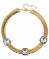 Style worth flaunting. Haskell's chic collar necklace features three faceted crystal stones placed upon a gorgeous golden chain. Crafted from gold tone mixed metal. Approximate length: 16 inches + 3-inch extender. Approximate drop: 3/4 inch.