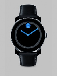 A sleek and modern timepiece designed with a minimalist style, elegant blue detail and Swiss quartz precision. Round bezel Quartz movement Water resistant to 3 ATM Stainless steel/composite case: 42mm (1.65) Leather strap Imported A sleek and modern timepiece designed with a minimalist style, elegant blue detail and Swiss quartz precision. Round bezel Quartz movement Water resistant to 3 ATM Stainless steel/composite case: 42mm (1.65) Leather strap Imported