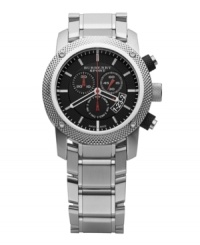This Burberry timepiece features a stainless steel bracelet and round case with knurled bezel and four lugs. Textured black chronograph dial features applied silver tone stick indices, date window at four o'clock, three subdials, logo and red hands. Quartz movement. Water resistant to 100 meters. Two-year limited warranty. This Burberry timepiece features a stainless steel bracelet and round case with knurled bezel and four lugs. Textured black chronograph dial features applied silver tone stick indices, date window at four o'clock, three subdials, logo and red hands. Quartz movement. Water resistant to 100 meters. Two-year limited warranty.