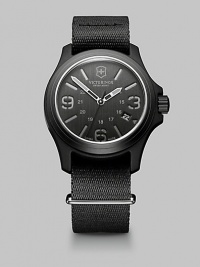 Sporty and sleek, crafted with superior Swiss technique and finished with a nylon strap.Precision Swiss quartz analog movementWater resistant to 10 ATMNylon fiber case; 40mm diameter (1.57)Aluminum bezelShock resistant mineral crystalMarkers and numbersLuminous handsDate display at 4:00Second handNylon strap; 20mm wideMade in Switzerland Sporty and sleek, crafted with superior Swiss technique and finished with a nylon strap.Precision Swiss quartz analog movementWater resistant to 10 ATMNylon fiber case; 40mm diameter (1.57)Aluminum bezelShock resistant mineral crystalMarkers and numbersLuminous handsDate display at 4:00Second handNylon strap; 20mm wideMade in Switzerland