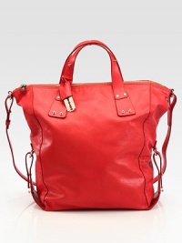 Vibrant leather in a roomy top-handle carryall finished with buckle-strap detail.Double top handles with snaps, 5 dropAdjustable detachable shoulder strap, 18-19¾ dropTop zip closureOne inside zip pocketOne inside open pocketFully lined16¼W X 15¼H X 5¼DImported Vibrant leather in a roomy top-handle carryall finished with buckle-strap detail.Double top handles with snaps, 5 dropAdjustable detachable shoulder strap, 18-19¾ dropTop zip closureOne inside zip pocketOne inside open pocketFully lined16¼W X 15¼H X 5¼DImported
