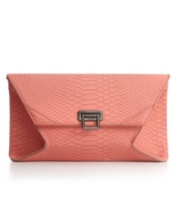Get sassy in snakeskin. This modern clutch silhouette from Rachel Rachel Roy features a sleek all-over python print and shiny gunmetal hardware. Get sassy in snakeskin. This modern clutch silhouette from Rachel Rachel Roy features a sleek all-over python print and shiny gunmetal hardware.