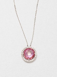 A faceted round pink topaz stone surrounded by dazzling white sapphires set in 14k rose gold on a delicate link chain. Pink topazWhite sapphire14k rose goldLength, about 16Pendant size, about .3 Spring ring closureMade in USA