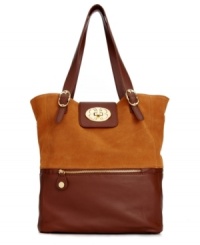 Get the best of both worlds with this sumptuous suede and leather tote from Emma Fox that speaks chic, understate style. Signature hardware with posh turn lock closure and buckle accents adorn the outside, while the super spacious interior provides plenty of room for all your work-to-weekend essentials. Get the best of both worlds with this sumptuous suede and leather tote from Emma Fox that speaks chic, understate style. Signature hardware with posh turn lock closure and buckle accents adorn the outside, while the super spacious interior provides plenty of room for all your work-to-weekend essentials.