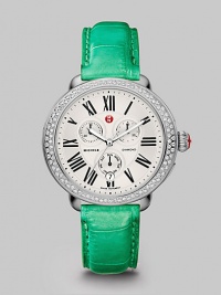 From the Serein Collection. Truly dazzle in this diamond accented technical timepiece. Quartz movementWater resistant to 5 ATMElliptical stainless steel case, 40mm (1.6) x 38mm (1.5) Diamond accented bezel, .6 tcwSilvertone dialRoman numeral hour markersDate display at 6 o'clockSecond hand Jade alligator strap, 18mm (.7)Made in Switzerland From the Serein Collection. Truly dazzle in this diamond accented technical timepiece. Quartz movementWater resistant to 5 ATMElliptical stainless steel case, 40mm (1.6) x 38mm (1.5) Diamond accented bezel, .6 tcwSilvertone dialRoman numeral hour markersDate display at 6 o'clockSecond hand Jade alligator strap, 18mm (.7)Made in Switzerland