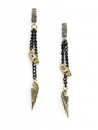 THE LOOKRegal Collection.45 tcw diamond accentsAntiqued crown and wing detailsBlack chainSterling silver and 18k goldplated settingPost backTHE MEASUREMENTLength, about 3ORIGINMade in USA THE LOOKRegal Collection.45 tcw diamond accentsAntiqued crown and wing detailsBlack chainSterling silver and 18k goldplated settingPost backTHE MEASUREMENTLength, about 3ORIGINMade in USA