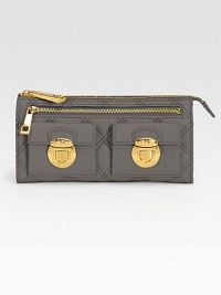 A bold take on color, this quilted leather design features chic goldtone accents.Zip closure One outside zip pocket One outside open pocket Two outside flap pockets with clasp closure Two center compartments Two inside bill slots Twelve credit card slots Cotton lining 8W X 4H X 1D Imported A bold take on color, this quilted leather design features chic goldtone accents.Zip closure One outside zip pocket One outside open pocket Two outside flap pockets with clasp closure Two center compartments Two inside bill slots Twelve credit card slots Cotton lining 8W X 4H X 1D Imported
