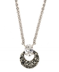A little glitz. Judith Jack's stunning pendant features a dusting of marcasite and a large crystal accent. Set in sterling silver. Approximate length: 16 inches. Approximate drop: 1-1/5 inches. A little glitz. Judith Jack's stunning pendant features a dusting of marcasite and a large crystal accent. Set in sterling silver. Approximate length: 16 inches. Approximate drop: 1-1/5 inches.