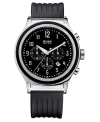 A modern men's watch with classic refinement. Black rubber strap. Silvertone stainless steel round case and round black chronograph dial with three subdials, date window, logo and numerical indices. Quartz movement. Water resistant to 50 meters. Two-year limited warranty. A modern men's watch with classic refinement. Black rubber strap. Silvertone stainless steel round case and round black chronograph dial with three subdials, date window, logo and numerical indices. Quartz movement. Water resistant to 50 meters. Two-year limited warranty.