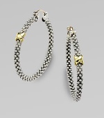 This highly textured, sterling silver piece features radiant 18k gold accents for added interest. Sterling silver18k goldLength, about 1Hinge-and-post backImported 
