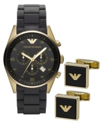 Don't settle for the basics. Go for the complete look with this handsome watch and cufflink set from Emporio Armani. Don't settle for the basics. Go for the complete look with this handsome watch and cufflink set from Emporio Armani.