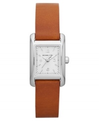 This stainless steel watch runs north/south, placed upon a rich leather strap, by Michael Kors. This stainless steel watch runs north/south, placed upon a rich leather strap, by Michael Kors.