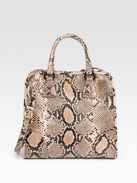 Python in a top-handle silhouette with metal logo detail.Double top handles, 5¼ dropAdjustable removable shoulder strap, 15½-20 dropTop snap closureTwo inside zip pocketsThree inside open pocketsPrada logo lining12¾W X 13H X 14½DMade in Italy Python in a top-handle silhouette with metal logo detail.Double top handles, 5¼ dropAdjustable removable shoulder strap, 15½-20 dropTop snap closureTwo inside zip pocketsThree inside open pocketsPrada logo lining12¾W X 13H X 14½DMade in Italy