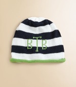 Sure to become a keepsake, this adorable hat combines both style and practicality in one great gift. Crafted in a combination of wide stripes with a rolled edge and the softness of pure cotton. CottonMachine washMade in USAFOR PERSONALIZATION Select a quantity, then scroll down and click on PERSONALIZE & ADD TO BAG to choose and preview your personalization options. Please allow 4-6 weeks for delivery. 