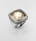 From the Albion Collection. A beautiful design combining a faceted cushion of 18k gold with a frame of diamonds in a sterling silver setting and band. Diamonds, 0.52 tcw Sterling silver and 18k yellow gold About ¾ square Imported