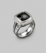 From the Albion Collection. An elegant Yurman design, offering a faceted black onyx, framed in diamonds, on a split cable band of sterling silver. Diamonds, 0.24 tcw Black onyx Sterling silver About ½ square Imported