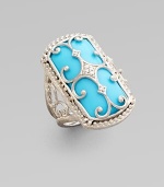 A lavishly detailed ring in sterling silver and 18K gold with a Florentine finish, delicate granulated edging, turquoise cabochons and diamond accents.Diamonds, 0.03 tcw Turquoise Sterling silver and 18K gold About 1 X ½ Imported