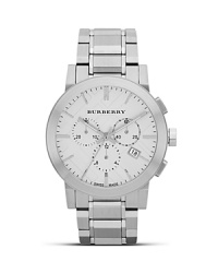 Crafted of brushed stainless steel with a silver finish, this round watch from Burberry is a sleek yet sophisticated piece of hardware. Crafted of brushed stainless steel with a silver finish, this round watch from Burberry is a sleek yet sophisticated piece of hardware.