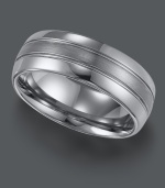 Simple design with a subtle hint of style. Triton men's ring features a sophisticated lined pattern set in tungsten carbide. Approximate band width: 8 mm. Sizes 8-15.