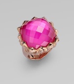 From the Pop Superstud Collection. A faceted square of pink sapphire quartz is layered over mother-of-pearl, creating richness and depth in this striking ring with a spiky zigzag setting.Pink sapphire quartz and white mother-of-pearlRose goldplated sterling silverAbout 1 squareImported