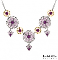 Lucia Costin Necklace with Violet, Lilac Swarovski Crystals, Cute Flowers, Filigree Elements and Fancy Charms; .925 Sterling Silver with 24K Yellow Gold over .925 Sterling Silver; Handmade in USA Lucia Costin Necklace with Violet, Lilac Swarovski Crystals, Cute Flowers, Filigree Elements and Fancy Charms; .925 Sterling Silver with 24K Yellow Gold over .925 Sterling Silver; Handmade in USA
