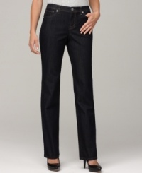 Slimming denim from Style&co. should be on everyone's shopping list! These jeans look extra flattering in a dark blue rinse wash. Slimming denim from Style&co. should be on everyone's shopping list! These jeans look extra flattering in a dark blue rinse wash.