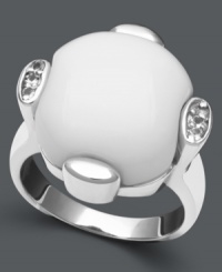 Polish and shine. A smooth, circular white agate stone (15 mm) accented by sparkling white topaz (1/10 ct. t.w.) makes a chic statement on this sterling silver ring. Size 7. Polish and shine. A smooth, circular white agate stone (15 mm) accented by sparkling white topaz (1/10 ct. t.w.) makes a chic statement on this sterling silver ring. Size 7.