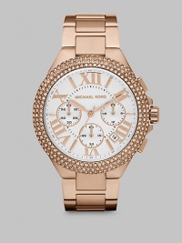 From the Bella Collection. A shining example of a timeless design. Quartz movementWater resistant to 10 ATMRound rose goldtone stainless steel case, 43mm (1.7) Crystal encrusted bezelSilvertone dialRoman numeric and bar hour markersDate display between 4 and 5 o'clockSecond hand Rose goldtone stainless steel link braceletImported From the Bella Collection. A shining example of a timeless design. Quartz movementWater resistant to 10 ATMRound rose goldtone stainless steel case, 43mm (1.7) Crystal encrusted bezelSilvertone dialRoman numeric and bar hour markersDate display between 4 and 5 o'clockSecond hand Rose goldtone stainless steel link braceletImported