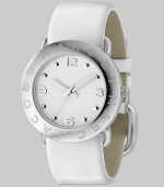 A subtly logo engraved bezel with sleek white dial and leather strap.Quartz movement Water resistant to 3 ATM Logo engraved bezel Round stainless steel case, 36mm, (1.41) White dial Arabic numeral and dot hour markers Second hand Leather strap, 22mm, (.86) Buckle closure Imported 