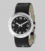 A subtly logo engraved bezel with sleek black dial and leather strap.Quartz movement Water resistant to 3 ATM Logo engraved bezel Round stainless steel case, 36mm, (1.41) Black dial Arabic numeral and dot hour markers Second hand Leather strap, 22mm, (.86) Buckle closure Imported 