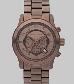 A beautiful tone-on-tone timepiece with technical functions. Quartz movement Water resistant to 10 ATM Round ion-plated espresso stainless steel case, 44mm (1.7) Smooth bezel Chocolate brown dial Arabic numerals and index hour markers Date display between 4 and 5 o'clock Second hand Ion-plated espresso stainless steel link bracelet Made in Switzerland 