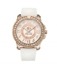 Pretty and polished. Show off your Pedigree with this watch by Juicy Couture. White synthetic jelly strap and round rose-gold plated stainless steel case. Bezel crystallized with Swarovski elements. Textured silver tone dial features applied Roman and Arabic numerals, ring reading Time for Couture, three hands and logo. Quartz movement. Water resistant to 30 meters. Two-year limited warranty. Pretty and polished. Show off your Pedigree with this watch by Juicy Couture. White synthetic jelly strap and round rose-gold plated stainless steel case. Bezel crystallized with Swarovski elements. Textured silver tone dial features applied Roman and Arabic numerals, ring reading Time for Couture, three hands and logo. Quartz movement. Water resistant to 30 meters. Two-year limited warranty.