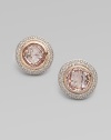 From the Albion Cerise Collection. A beautifully feminine style with a faceted morganite stone set in 18k rose gold, surrounded in two rows of sparkling diamonds. MorganiteDiamonds, .72 tcw18k rose goldSize, about ¼Post backImported 