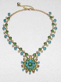 Make a colorful statement in this pretty radial pendant set in 12k goldplating on a stone link necklace. 12k goldplated brassPlastic stonesLength, about 18Pendant size, about .87Lobster clasp closureImported Make a colorful statement in this pretty radial pendant set in 12k goldplating on a stone link necklace. 12k goldplated brassPlastic stonesLength, about 18Pendant size, about .87Lobster clasp closureImported