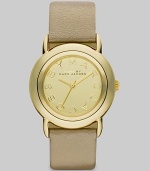 Smart and chic style with leather strap. Quartz movement Water resistant to 5 ATM Round ion-plated gold stainless steel case, 33mm (1.3) Gold mirror logo dial Second hand Metallic gold leather strap, 18mm wide (0.7) Imported 