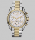 From the Bradshaw Collection. This technical stainless steel timepiece is a study in contrasts. Quartz movementWater resistant to 10 ATMRound stainless steel case, 43mm (1.7) Smooth goldtone bezelSilvertone dialRoman numeric and bar hour markersDate display at 6 o'clockSecond hand Two-tone stainless steel link braceletImported