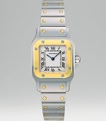 Elegant 18k yellow gold and stainless steel Santos Galbee bracelet watch. Quartz movement Case, 35mm X 26mm, 1.38 X 1.02 Case depth, 6mm, 0.24 Water-resistant to 330 feet Strap width, 14mm, 0.55 Steel deployant clasp Made in Switzerland
