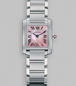 Stainless steel crown set with synthetic cabachon-shaped spinal has pink mother-of-pearl dial and stainless steel bracelet. Cartier quartz movement Case, 26mm X 20mm, 0.98 X 0.79 Black steel hands Roman numerals and minute markers 6 adjustable strap Made in Switzerland