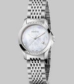 From the G-Timeless Collection. A dazzling timepiece with a diamond accents, mother-of-pearl dial and a stainless steel link bracelet. Swiss quartz movementWater resistant to 5 ATMRound stainless steel case, 27mm (1) Diamond accented bezel, 0.12 tcwWhite mother-of-pearl dialDiamond markersDate display at 4 o'clockSecond hand Stainless steel link braceletMade in Switzerland 