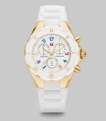 From the Tahitian Jelly Bean Collection. A sporty timepiece with goldtone stainless steel accents, enamel dial and silicone strap. Swiss quartz movementWater resistant to 5 ATMRound goldtone stainless steel case, 40mm (1.5)Logo bezelSunray chronograph dialNumeric hour markersSecond hand White silicone strapImported