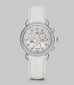 From the CSX Collection. A distinctive stainless steel timepiece with diamond accents and a technical, chronograph dial. Swiss quartz movementWater resistant to 5 ATMRound stainless steel case, 36mm (1.4)Diamond bezel and markers, .64 tcwMother-of-pearl chronograph dialDate display at 6 o'clockSecond hand White alligator strap, 18mm wide (0.7)Imported