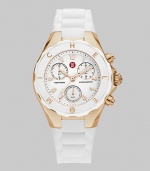A sporty chronograph timepiece with rose goldplated stainless steel accents and silicone strap.Swiss quartz movement Water resistant to 5 ATM Logo bezel Round, rose goldplated stainless steel case, 40mm, (1.49) K-1 mineral crystal White chronograph dial Arabic numeral hour markers Second hand Silicone strap Imported 