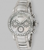From the Logo Collection. An elegant chronograph in stainless steel with a lustrous mother-of-pearl dial and sparkling Swarovski crystal bezel and hour markers. Quartz movement Water resistant to 10 ATM Round stainless steel case, 37mm diameter (1.46) White mother-of-pearl dial Crystal hour markers Three chronograph sub dials Second hand Stainless steel link bracelet Imported