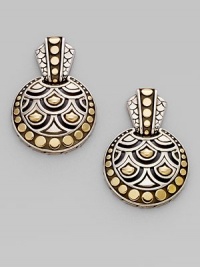 From the Naga Collection. A stunning design, these disc-shaped drop earrings combine dots and arcs, sterling silver and 18k gold, in a collection that feels both tribal and modern.18k yellow gold and sterling silver Drop, about 1 Post back Made in Bali From the Naga Collection. A stunning design, these disc-shaped drop earrings combine dots and arcs, sterling silver and 18k gold, in a collection that feels both tribal and modern.18k yellow gold and sterling silver Drop, about 1 Post back Made in Bali