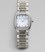 Distinctively textured links with smooth edges are thoroughly modern and thoroughly elegant in a bracelet watch of stainless steel and sterling silver with a shimmering diamond bezel. Swiss quartz movement Rounded square case, 25mm Diamond-set bezel White mother-of-pearl dial Eight diamond hour markers Scratch-resistant sapphire crystalStainless steel and sterling silver cable link bracelet, 16mm Diamonds, 0.54 tcw Water-resistant to three ATM Imported