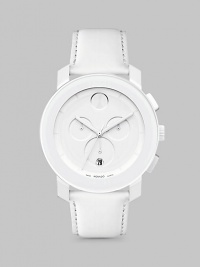 A sleek and modern timepiece designed with a minimalist style, all-white design and Swiss quartz precision. Round bezel Quartz movement Water resistant to 3 ATM Date function at 6 o'clock Second hand Stainless steel/composite case: 43.5mm (1.71) Leather strap Imported A sleek and modern timepiece designed with a minimalist style, all-white design and Swiss quartz precision. Round bezel Quartz movement Water resistant to 3 ATM Date function at 6 o'clock Second hand Stainless steel/composite case: 43.5mm (1.71) Leather strap Imported