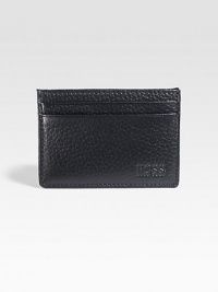 A slim-line credit card holder in pebbled leather with a debossed logo detail. Two card slots3¼ X 2¾Imported