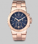 A substantial timepiece with a classic navy dial. Quartz movement Water-resistant to 10ATM Round rose goldplated stainless steel case, 43mm (1.69) Arabic numerals and index hour markers Three chronograph sub dials Date display at 6 o'clock Second hand Rose goldplated stainless steel link bracelet Imported 